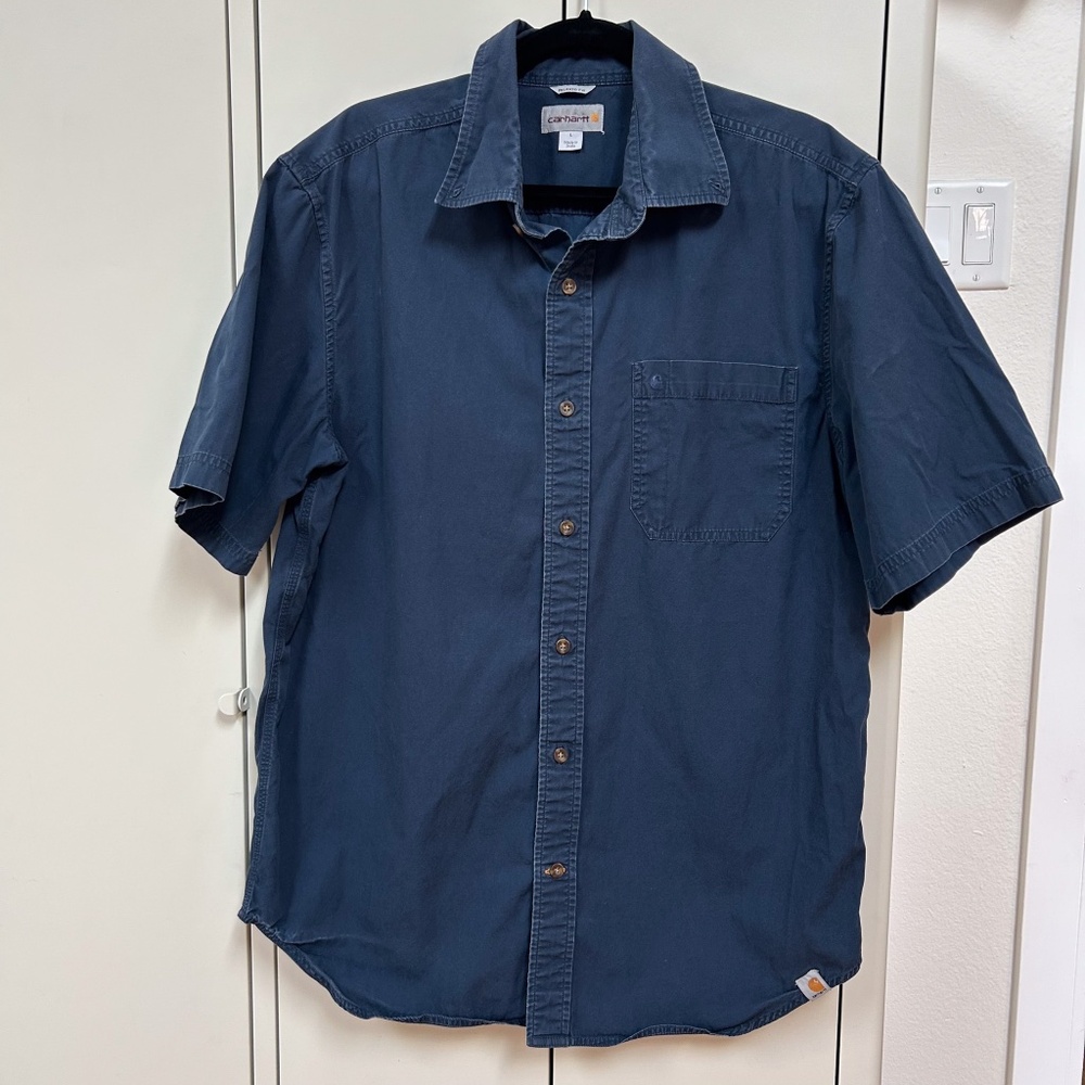 Carhartt Mens L Relaxed Fit Button Up Short Sleeve Work Shirt Dark Blue - classi